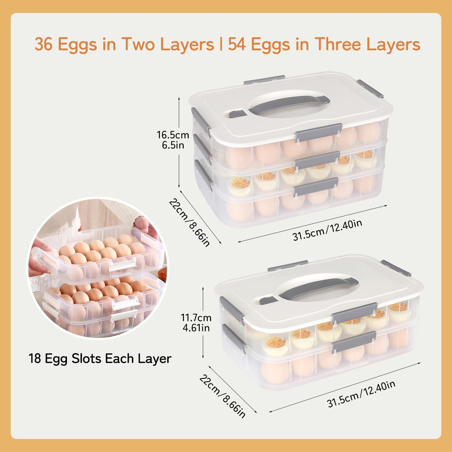 Splotiva Deviled Egg Container with Lid, 54 Slots Egg Tray Carrier with Handle, Stackable Egg Tray, 12.2 x 8.4 x 6.3 inches (Green, 3 Layer)