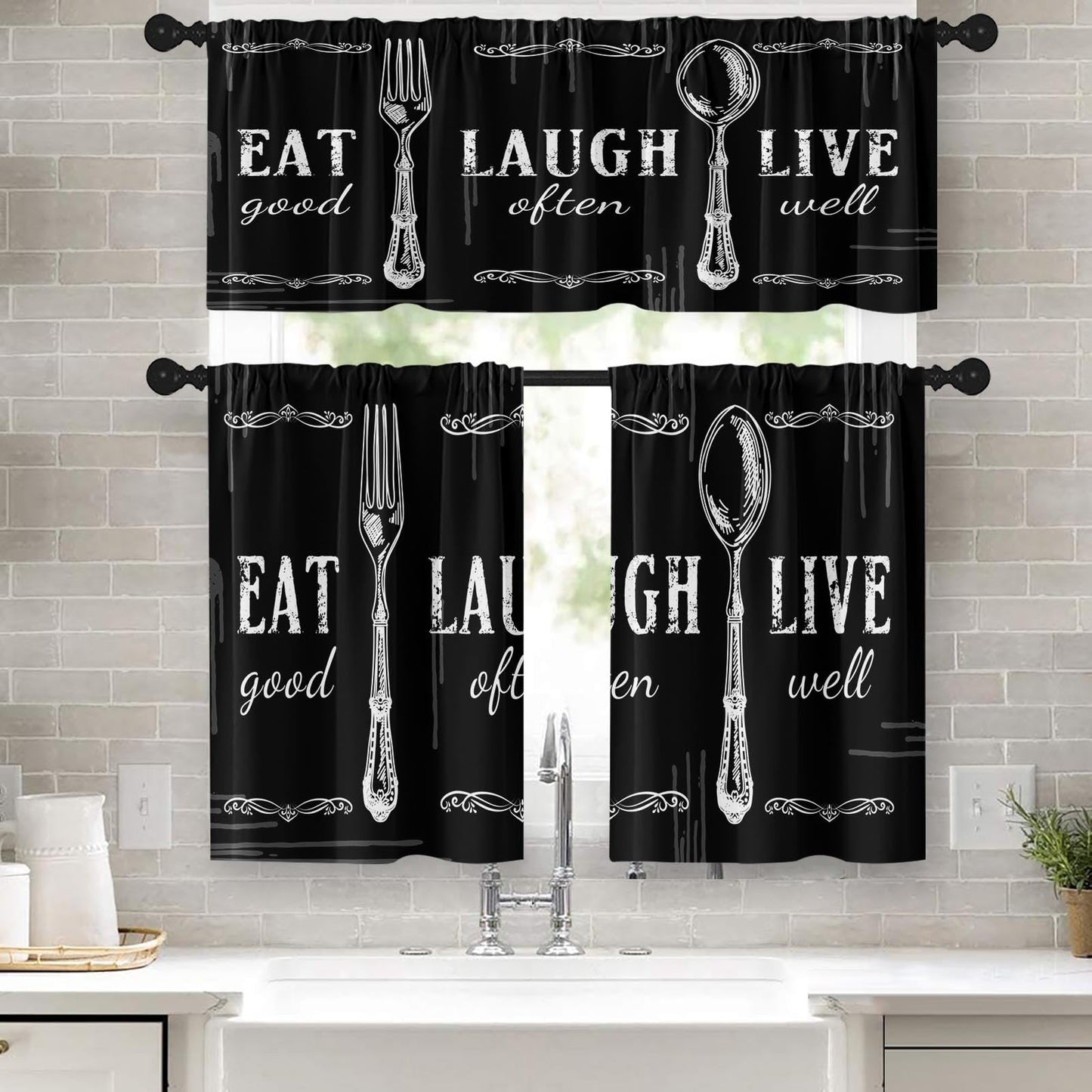 Tayney Black White Kitchen Window Curtains Valance and Tier Set 36 Inch Farmhouse Eat Good Laugh Often Live Well Rod Pocket Short Tier Curtain, Abstract Small Drapes for Kitchen Decor