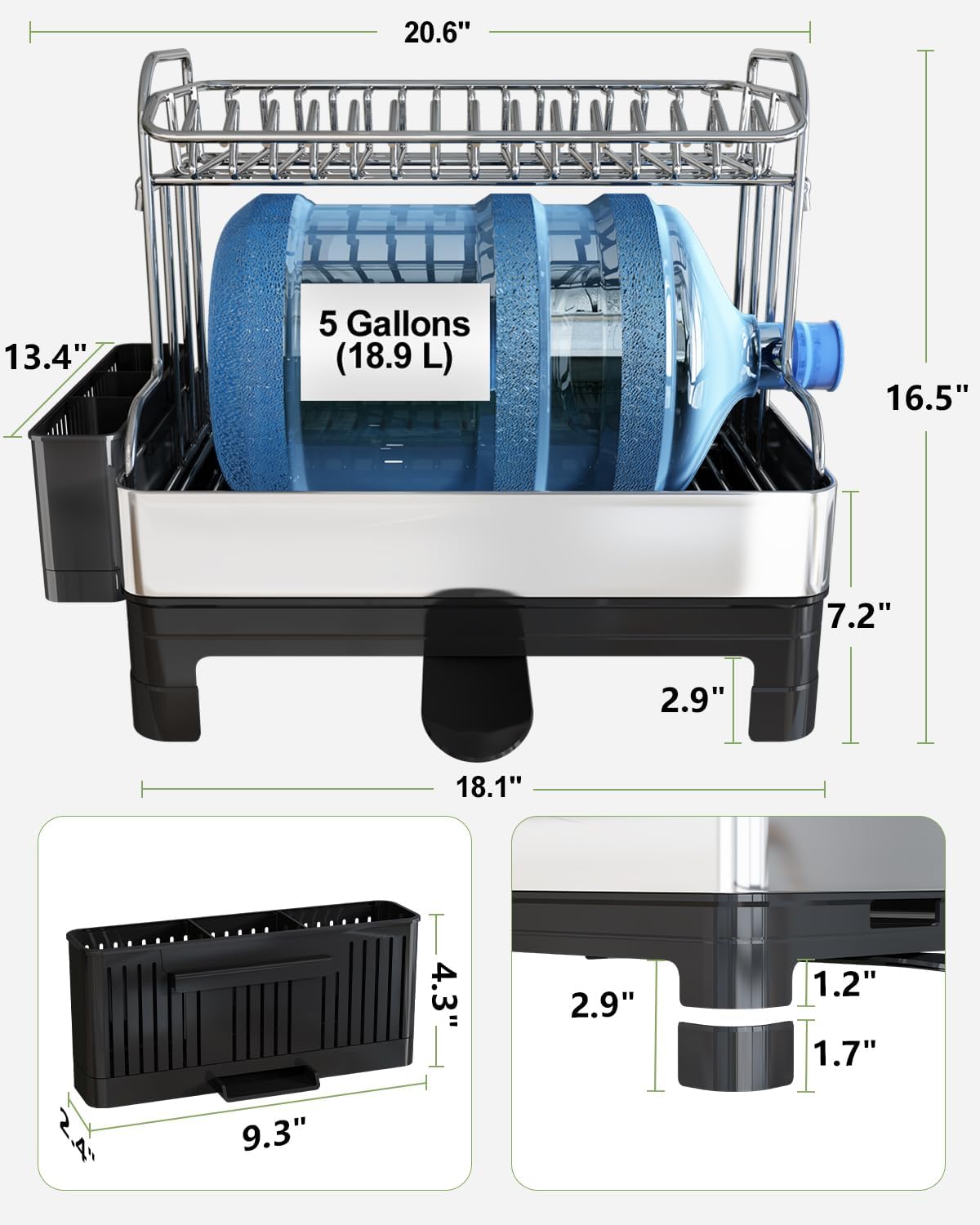 Skiennix Extra Large Stainless Steel Dish Drainer - Modern Black & Silver, Rust Proof, Space Saving Design