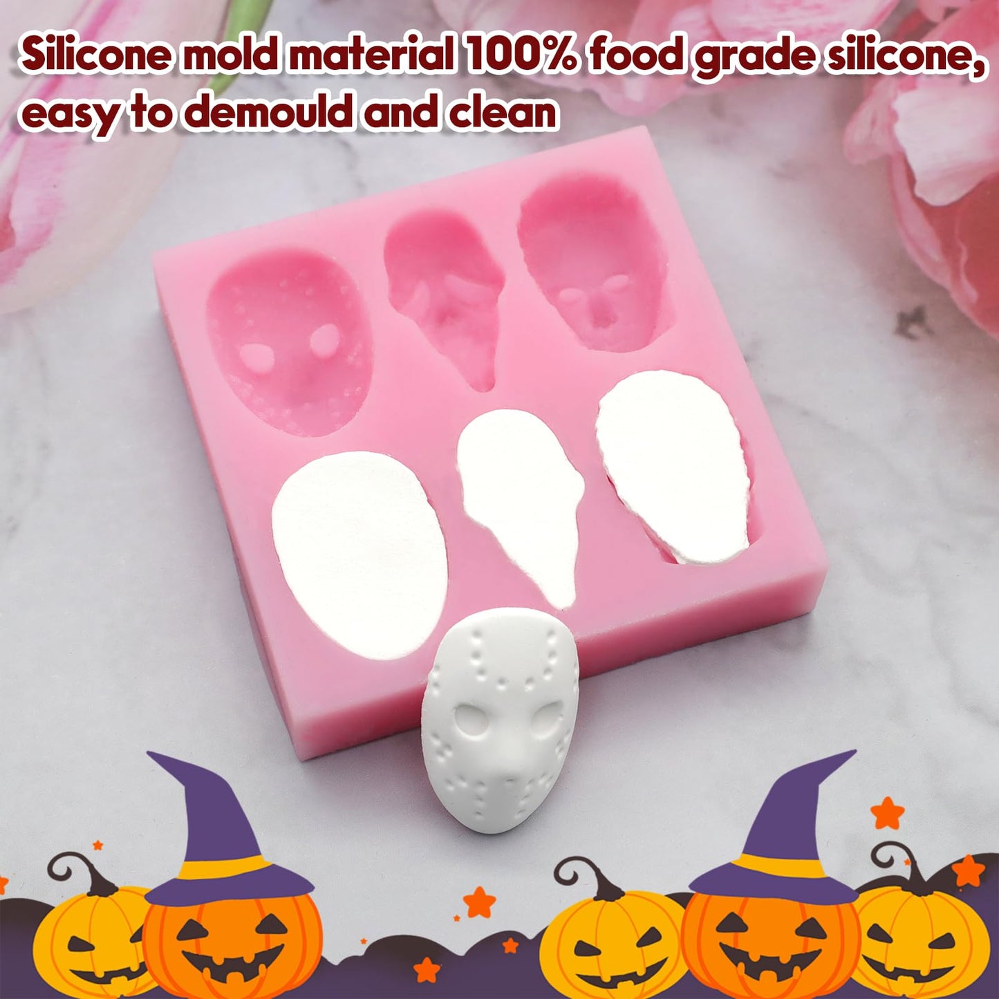2 Pcs Halloween Chocolate Mold Pink Silicone Molds Halloween Theme Food Grade Chocolate Candy Moulds 3D Skull Scary Movie Characters Designs Homemade Prank Chocolate Mold for Halloween Party Decor