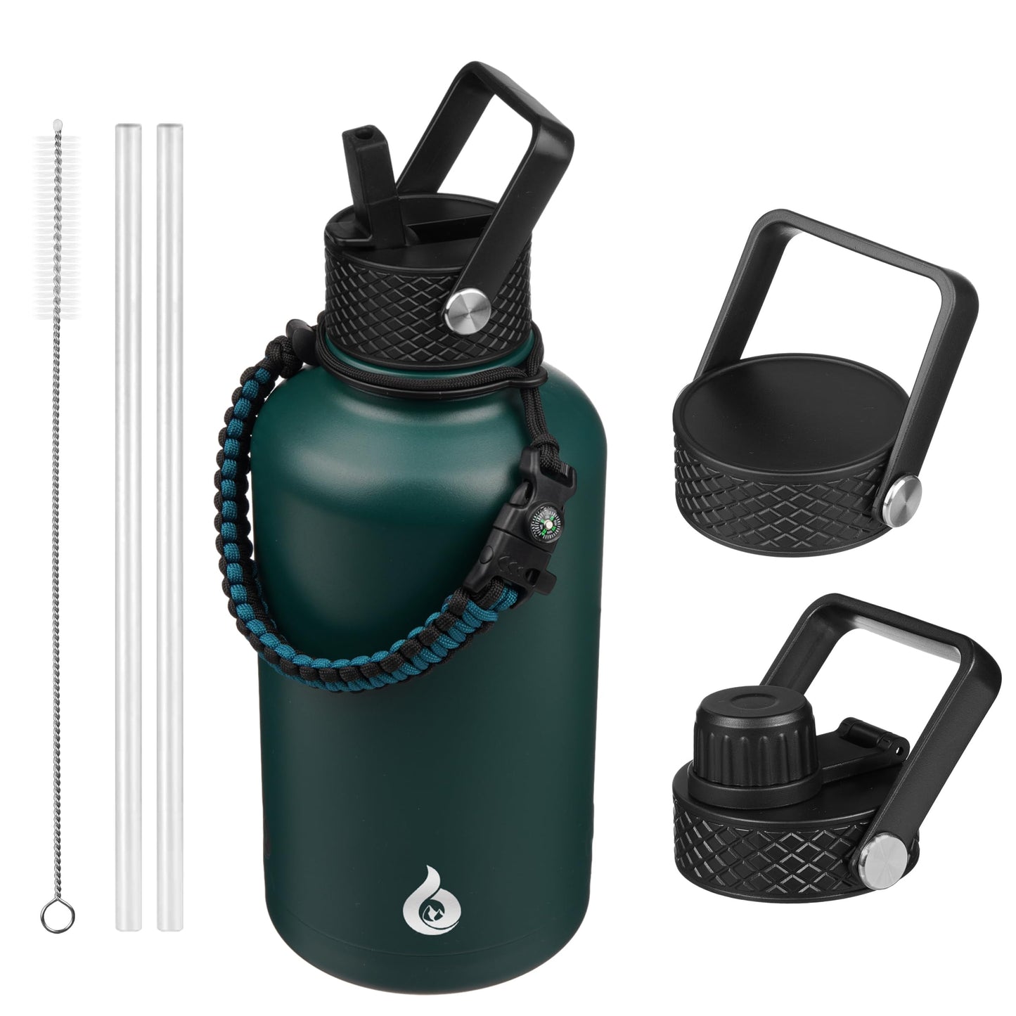 BJPKPK Half Gallon Insulated Water Bottles with Straw Lid, 64oz Large Water Jug, Stainless Steel Bottles with 3 Lids and Paracord Handle, Thermo for Hot & Cold Liquid, Army Green
