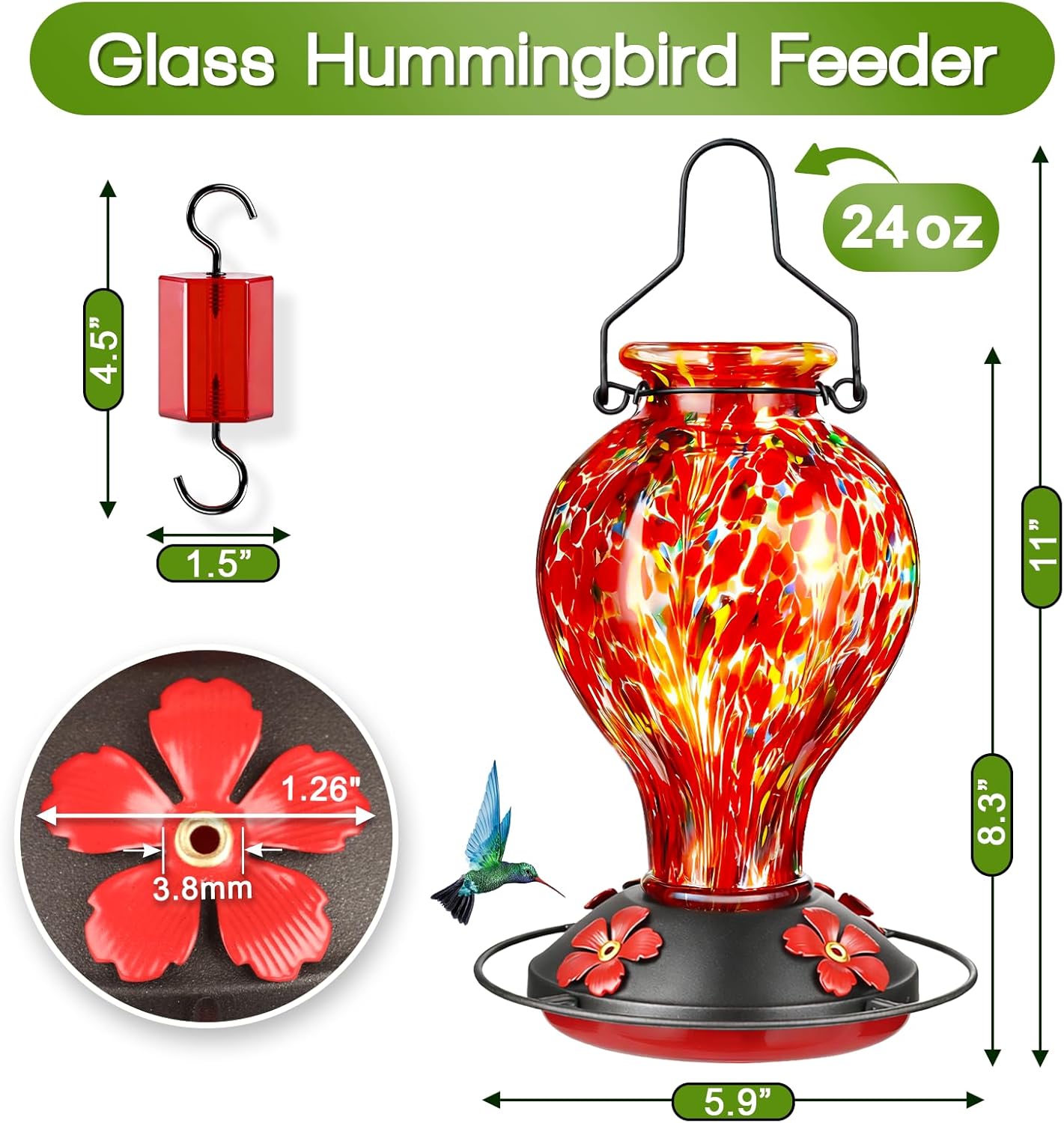 Skiennix Hand Blown Glass Hummingbird Feeder - 24oz Outdoor Nectar Feeder with Ant Moat & Bee-Resistant Ports | Red Polka Dots Garden Decor Gift for Moms
