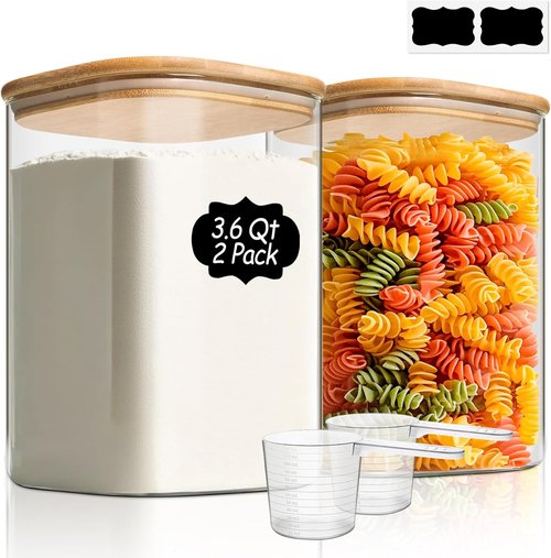 ComSaf Glass Food Storage Containers Set - 3.6 Qt Square Jars with Lids for Flour, Sugar, Cereal & More