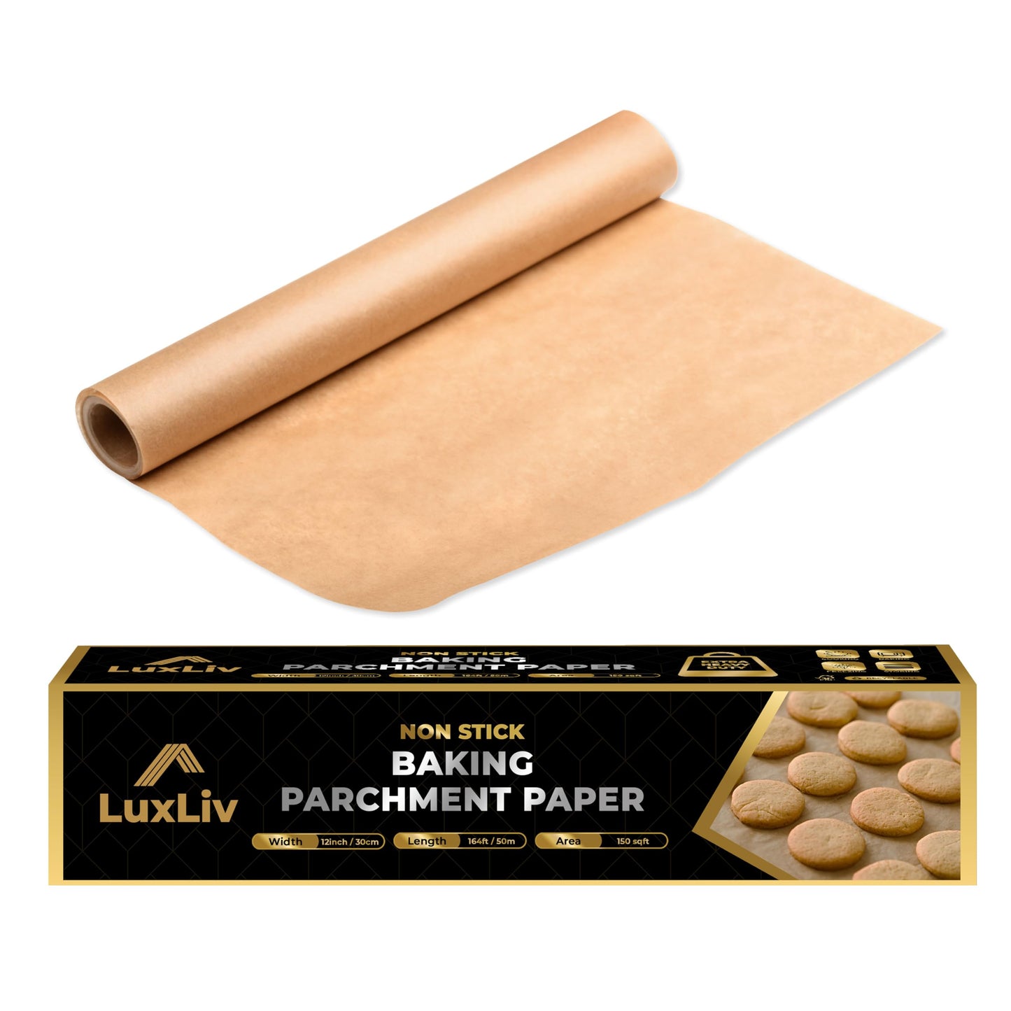 LuxLiv® Unbleached Brown Parchment Paper Roll – Natural Non-Stick Baking Paper, Heavy Duty & Greaseproof, Oven & Air Fryer Safe Baking Roll for Cookies, Bread & Cooking – 30cm x 50m