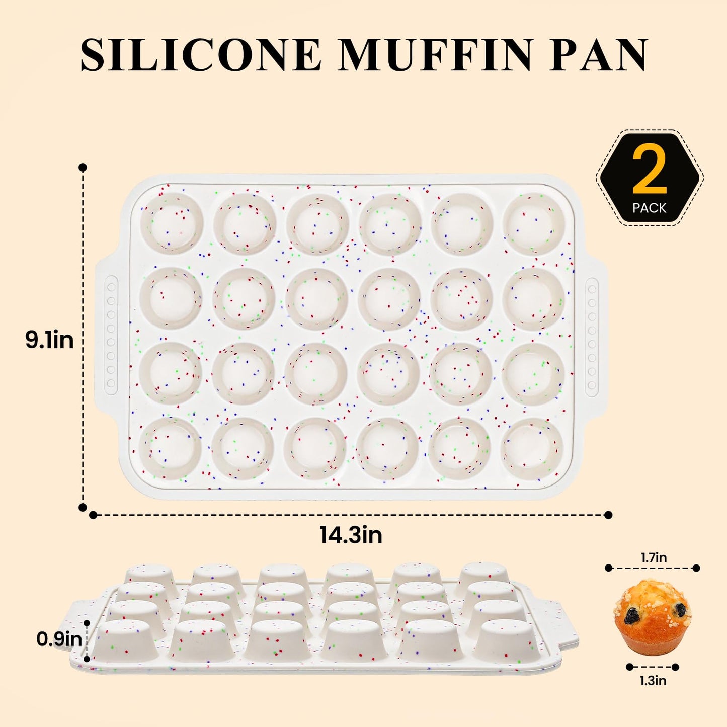 Vinino 2-Pack Silicone Mini Muffin Pan for Baking, 24 Cup Mini Cupcake Pan with Metal Reinforced Frame, Nonstick Muffin Tray with Non-Slip Handle, Silicone Molds for Oven, BPA Free, Dishwasher Safe