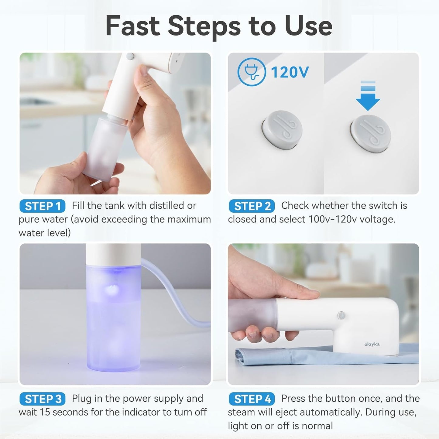 Olayks Handheld Steamer - Portable 2-in-1 Garment & Fabric Wrinkle Remover | Travel Mini Iron, 15S Heat Up, White