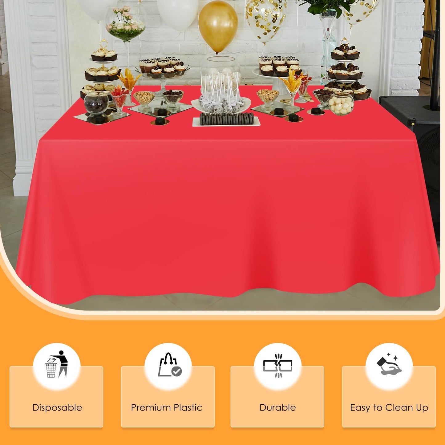 tujol Red Disposable Plastic Table Cloth Roll 54" X 100', Plastic Table Cover with Cutter Box, Cut to Size Disposable Tablecloth for Parties