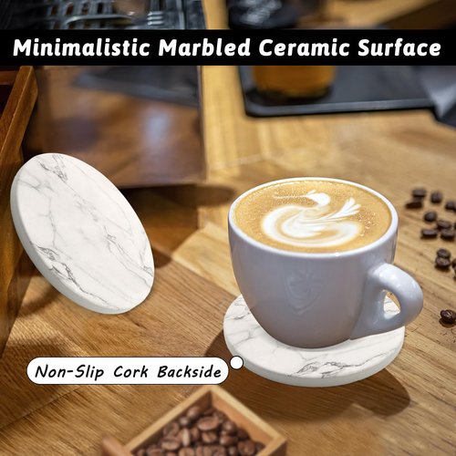AEE FIRSONE Ceramic Coaster Set of 8, 4 Inch Drink Coasters with Holder, Absorbent Drink Coasters for Dining Table, Round Coasters Set for Drinks, Cup Coaster for Home Decor, Housewarming Gift