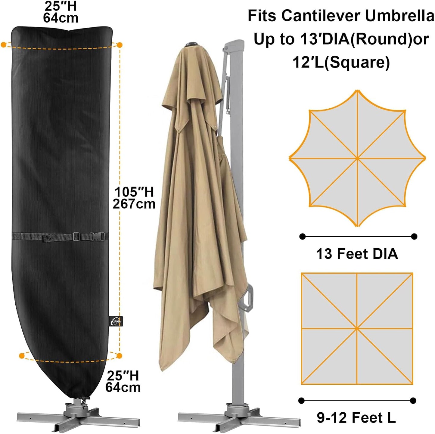 Kipiea Patio Umbrella Cover - Heavy Duty 600D for 9'-13' Cantilever Umbrellas | Includes Support Pole & Zipper