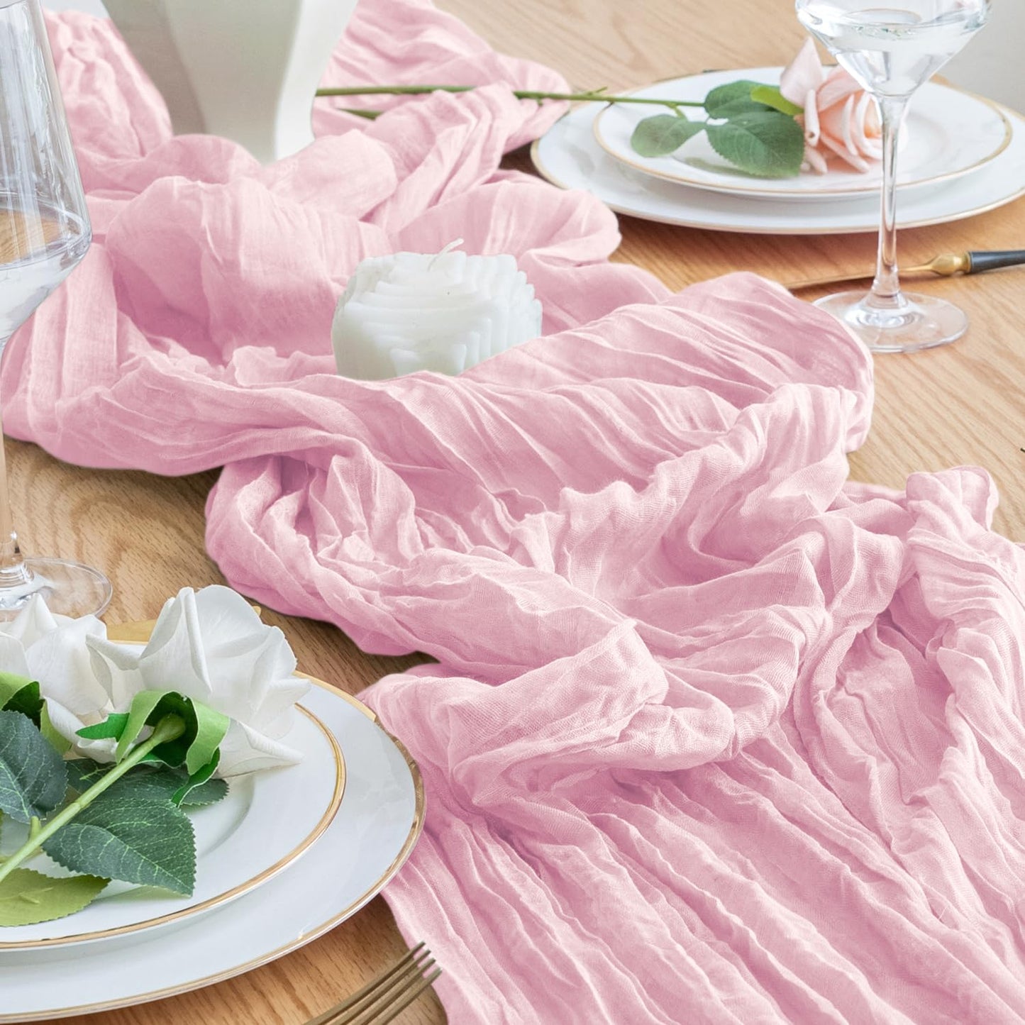 Xiomot Table Runner Pink Cheesecloth Valentine's Day 10FT Blushing Pink Boho Gauze Cheese Cloth Rustic Sheer Table Runners for Summer Wedding Bridal Baby Shower Party Decoration