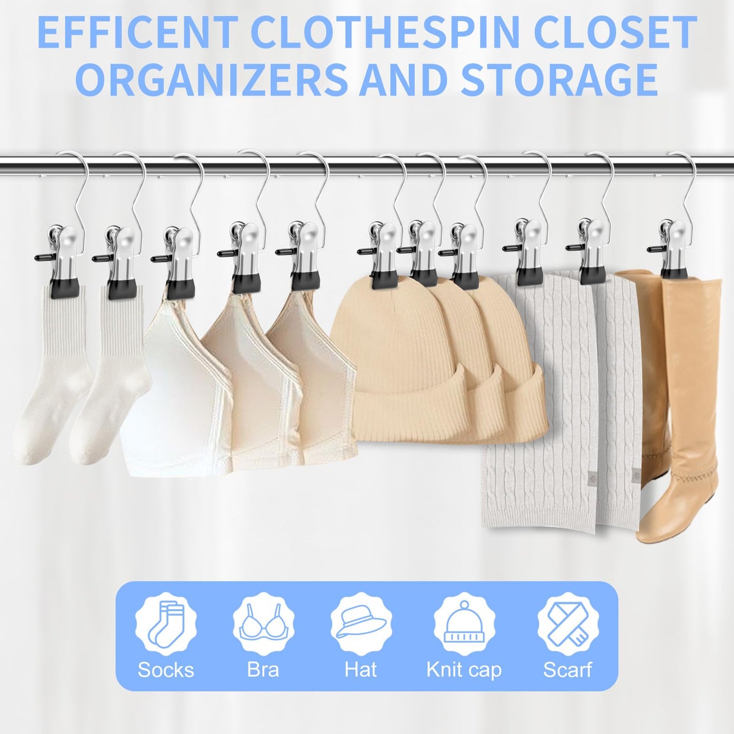 Senbowe 30 Pack Heavy Duty Clothes Pins, Boot Hangers for Closet, Laundry Hook Hanging Clips Clamps for Closet Organizer Pants Hats Socks Towels Clips, Clothespins Hanger for Travel Handbag Legging