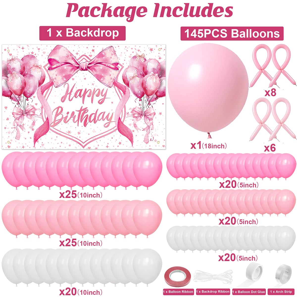 Jumpama 146Pcs Pink Bow Birthday Decorations Coquette Birthday Party Decorations Pink Bow Backdrop Coquette Banner and Balloons for Girls Women Baby Shower Bachelorette Party Supplies