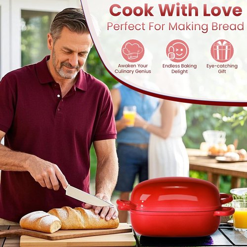 Cast Iron Dutch Bread Oven - 2.5QT Dutch Oven for Sourdough Bread Baking, Cast Iron Bread Loaf Pan with Lid, Easy Homemade Sourdough Dutch Oven, Blue Oval Bread Baking Pan, Gift for Family & Baker，Red