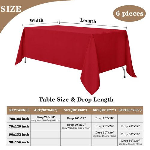 Fitable Red Tablecloths for Rectangle Tables, 6 Pack - 70 x 120 Inches - Reusable and Washable Table Clothes for 6-8 Ft Tables, Polyester Fabric Table Covers for Wedding, Party, Banquet