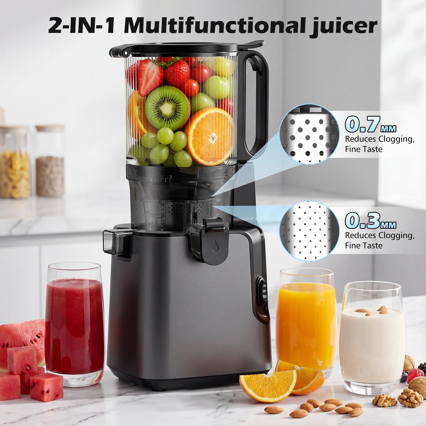 Juicer Machines with 5.8" Large Chute, 2-in-1 Cold Press Juicer for Whole Vegetables Fruits 400W, Masticating juicer Easy to Clean Juice Extractor Machine for Making Nut Mike, Juice, Premium Gray