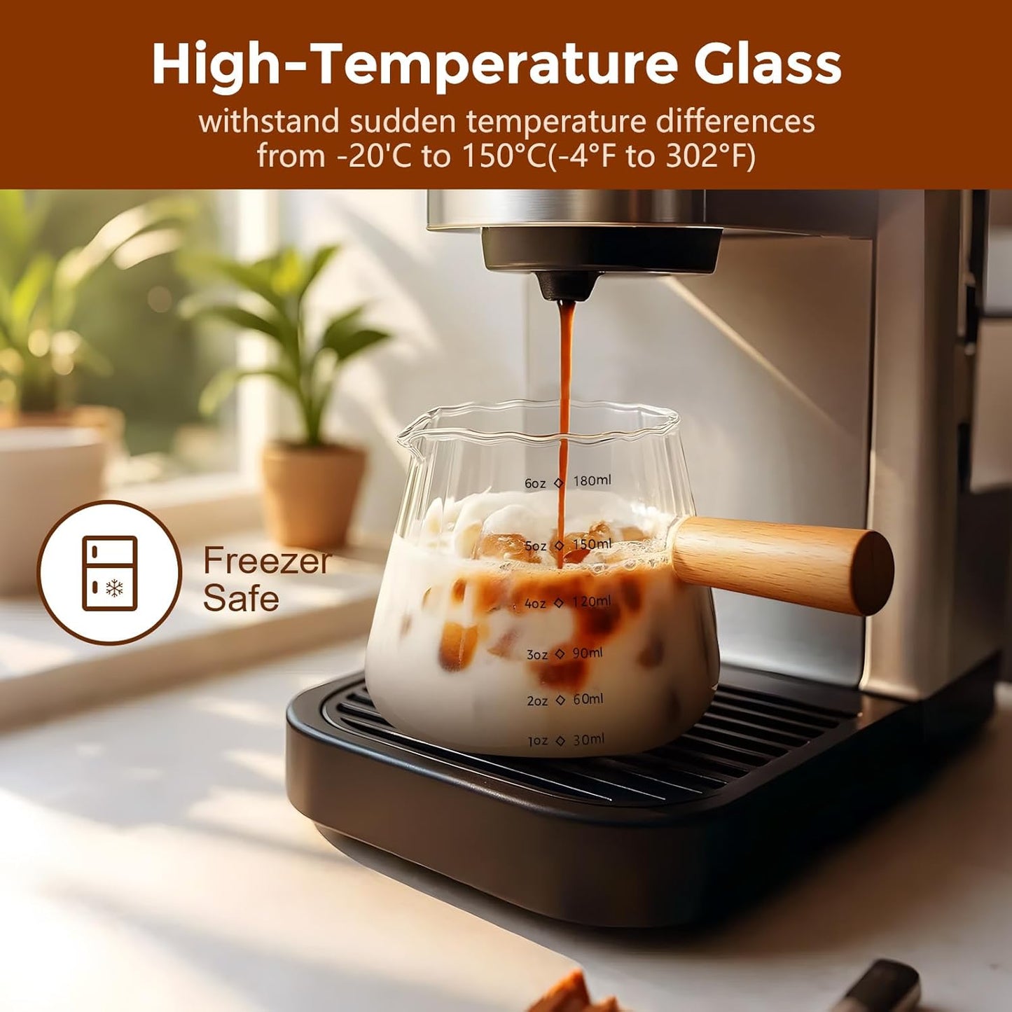 YARRAMATE Glass Measuring Cup - 6 oz/180ML with Wooden Handle | Ribbed Milk Frothing Pitcher, Easy Pouring