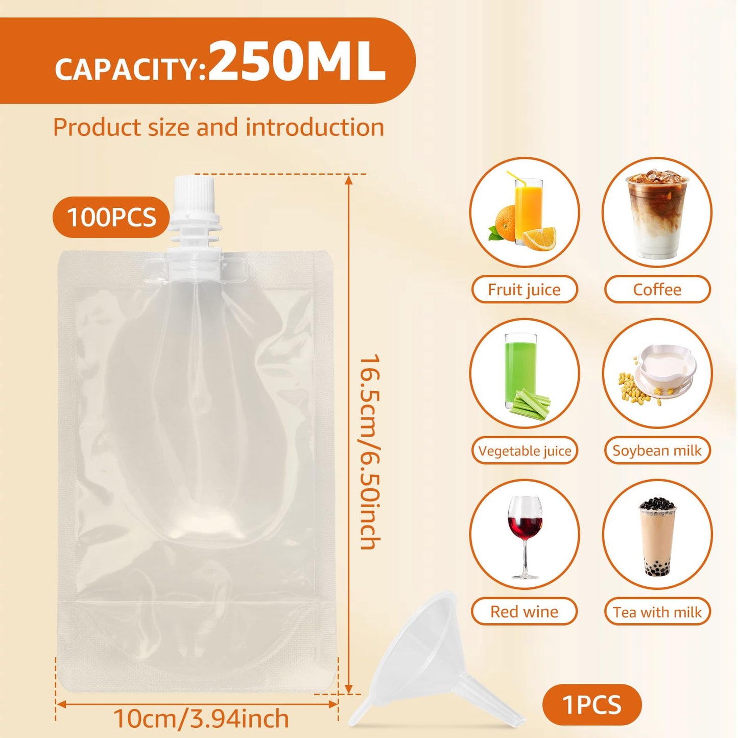 BXUYAOXMC 100Pcs Reusable Liquid Pouches with Funnel, 250ml/8.4oz Clear Leak Proof Drink Bags, Stand-Up Juice Pouches for Travel, Parties, Sports, Camping - Food-Grade PE