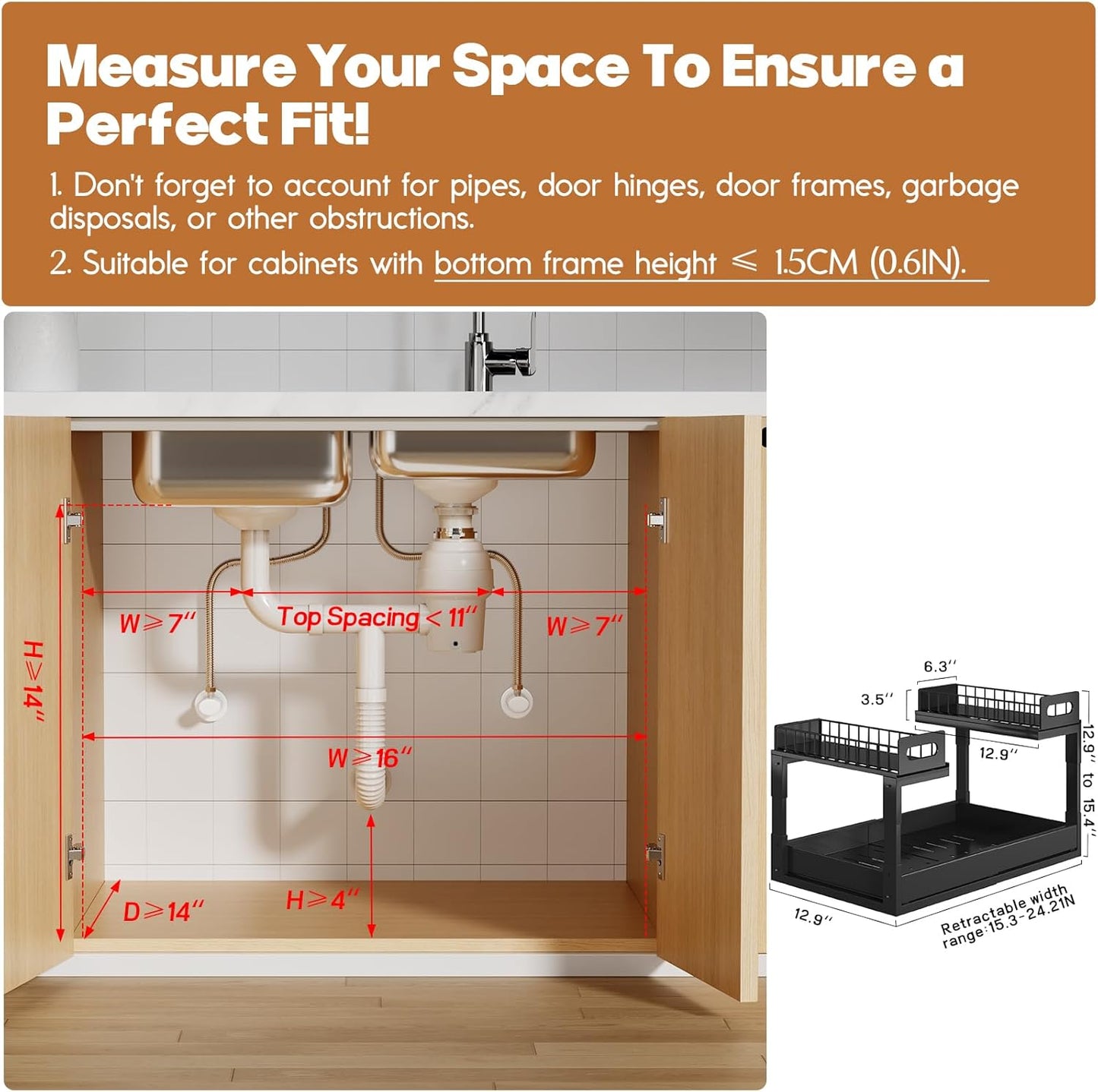 Skiennix Expandable Under Sink Organizer - 2-Tier Adjustable Storage with Ball-Bearing Slides | Black