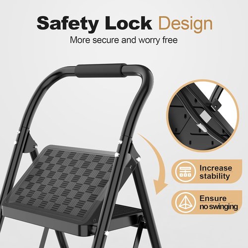 HBTower 3 Step Ladder - Ergonomic Folding Step Stool with Cushioned Handle & Wide Pedal | Black