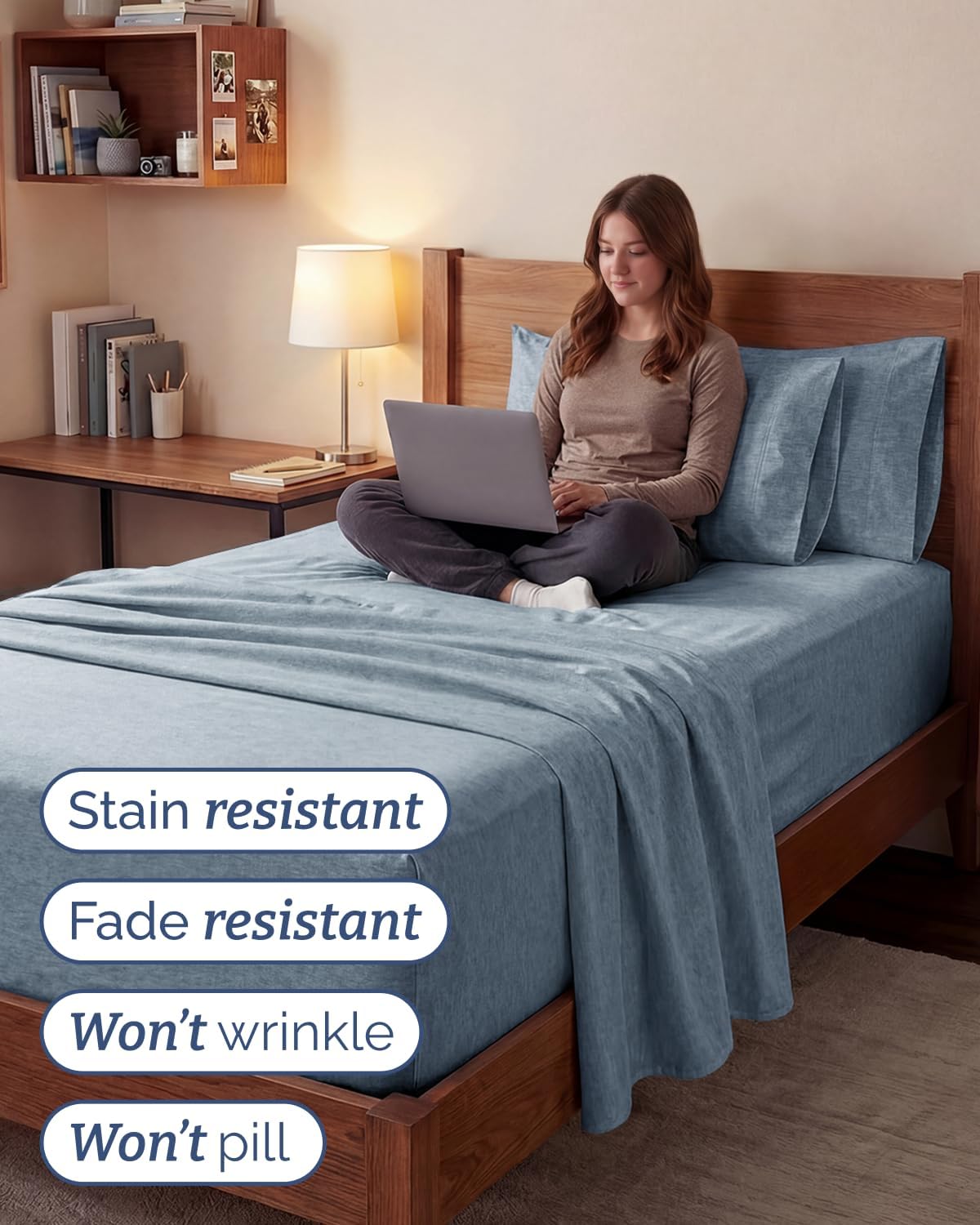 Skiennix Extra Deep Twin XL Sheet Set | 4-Piece Breathable Cooling Bedding - Soft, Wrinkle-Free, Heathered Blue
