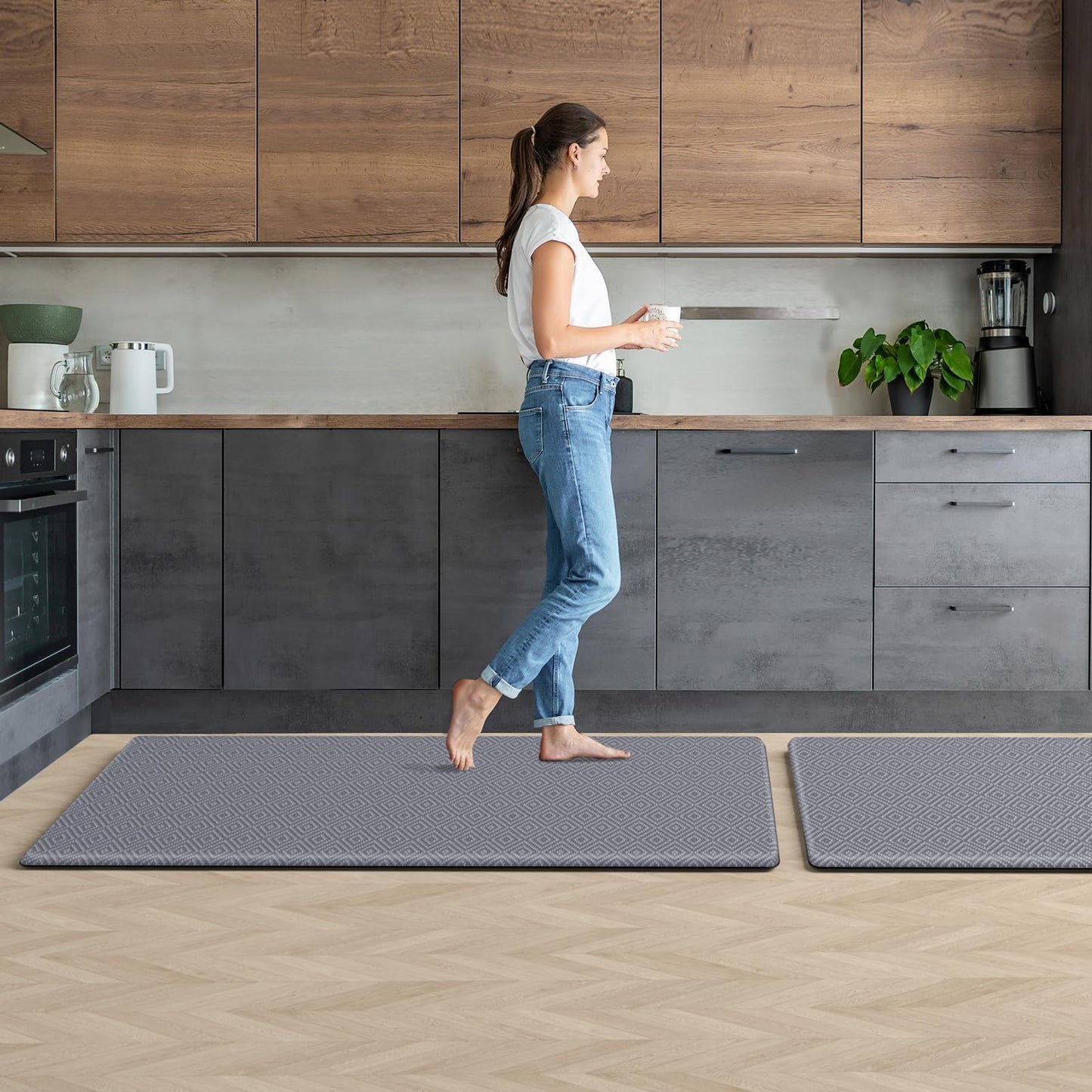 Mattitude Kitchen Mat 2PCS Kitchen Rugs Cushioned Anti-Fatigue Rug Waterproof Standing Desk Mat Kitchen Mats for Floor Kitchen Rug Set for Kitchen, Sink, Office 17.3"×30"+17.3"×47"-0.47inch Light Grey