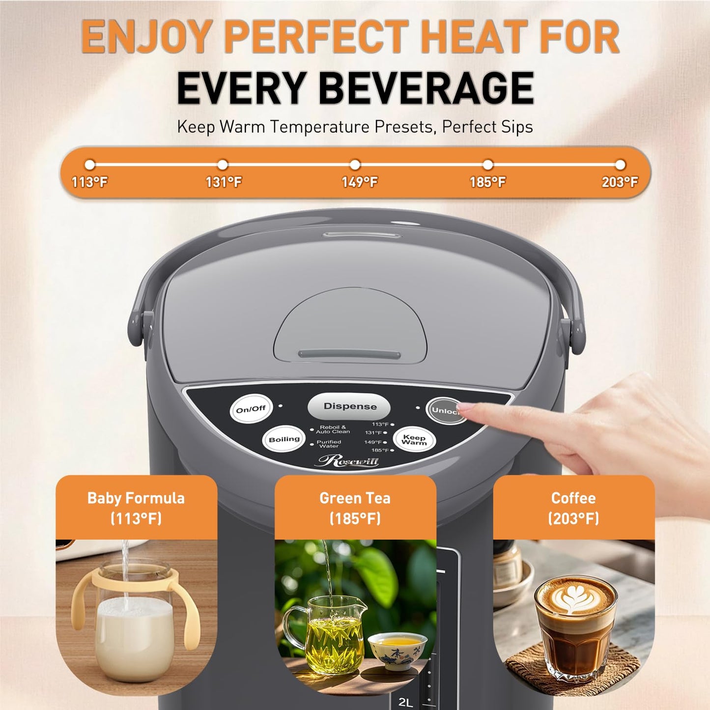 Rosewill Electric Water Boiler and Warmer - 5L/5.3 Qt Stainless Steel Hot Water Dispenser w/Rotating Base, Keep Warm Temperature Set, Auto Shut Off, Safety Lock - Gray