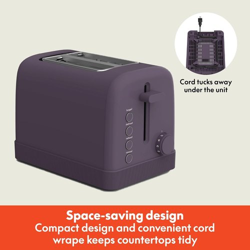 Bella 2 Slice Toaster - 6 Shade Settings, Reheat & Bagel Functions, Removable Crumb Tray, 900 Watt, Plum
