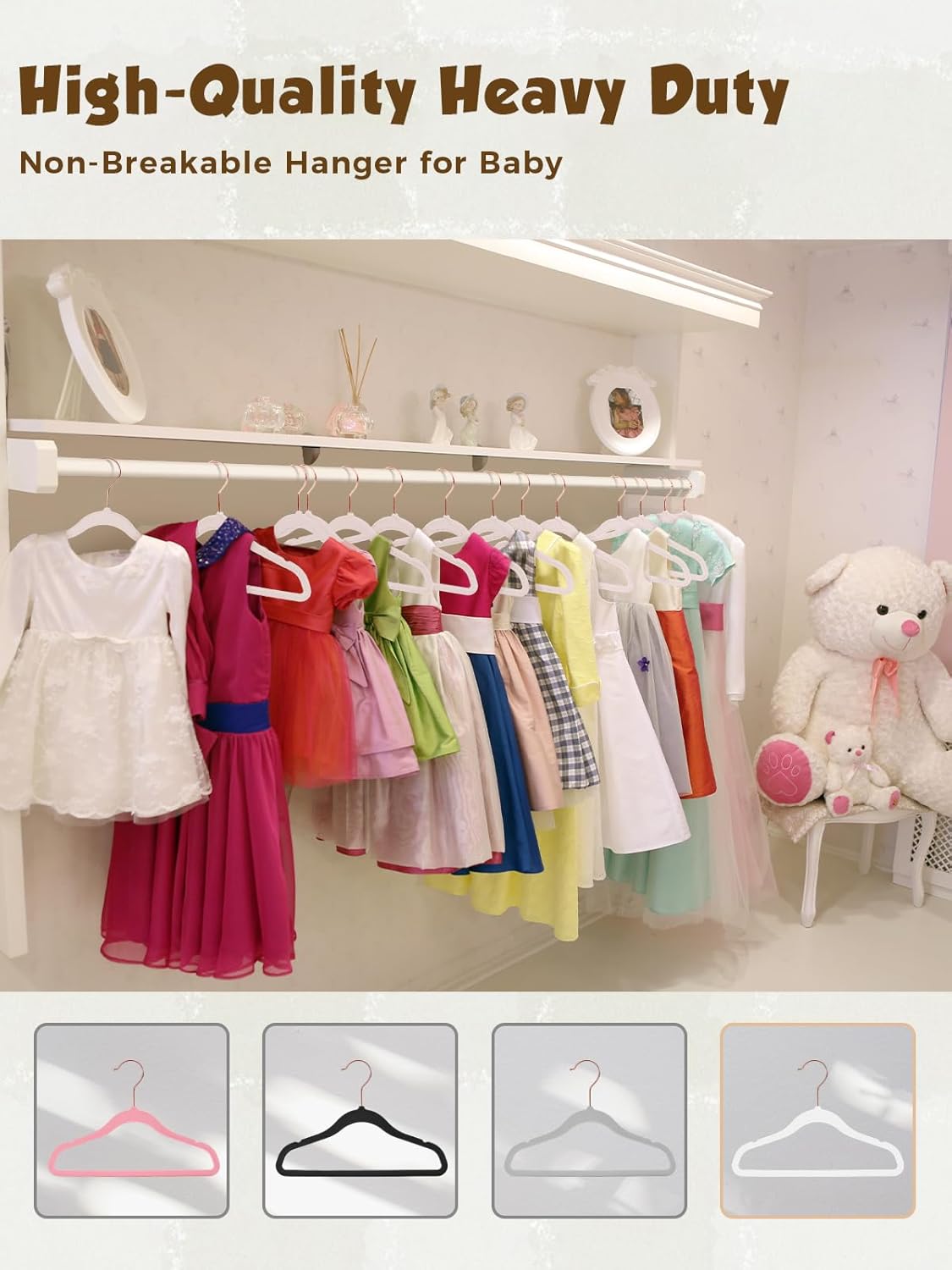 Smartor Kids Velvet Hangers - 50 Pack Premium Non-Slip Felt Hangers for Toddler Clothes | 14 Inch White with Rose Gold Hook