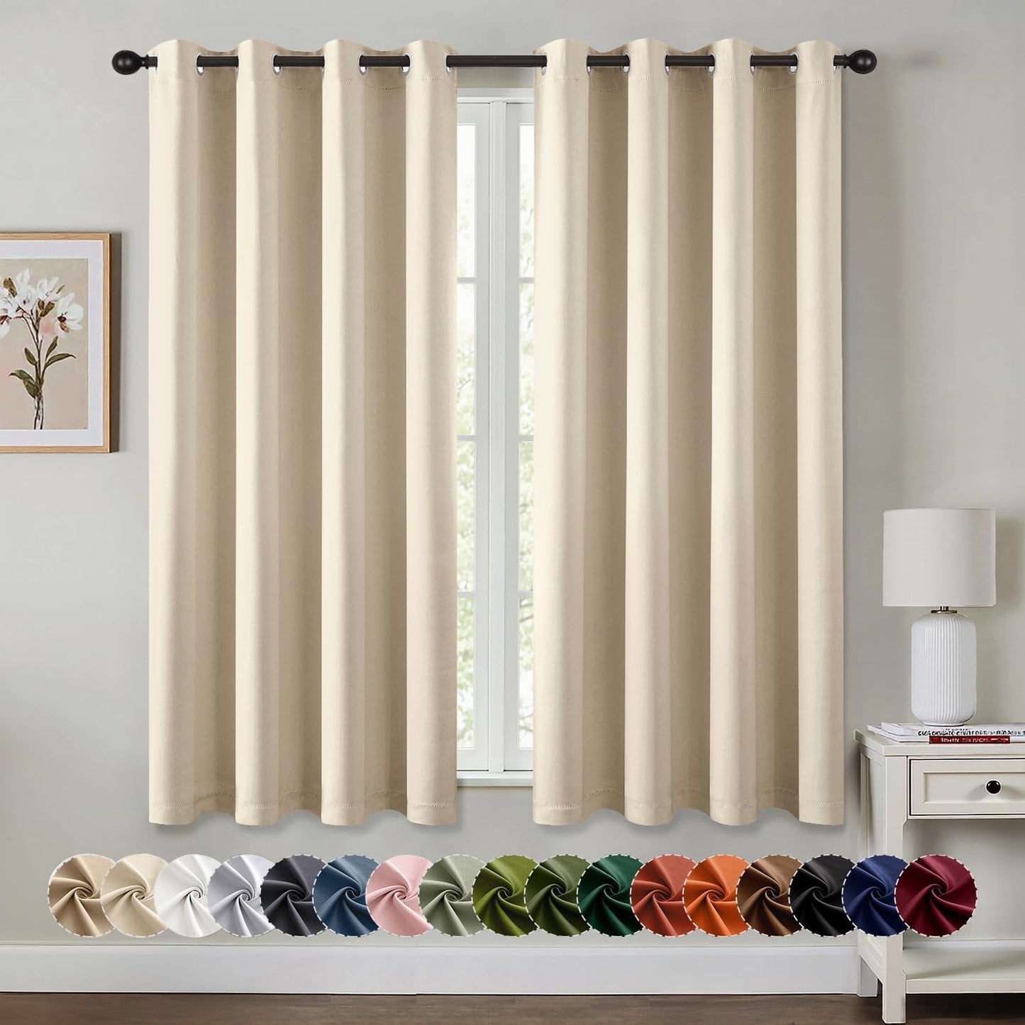 MIULEE Blackout Curtains - Cream Beige Thermal Insulated Drapes | 63-Inch Long, Noise-Reducing Panels