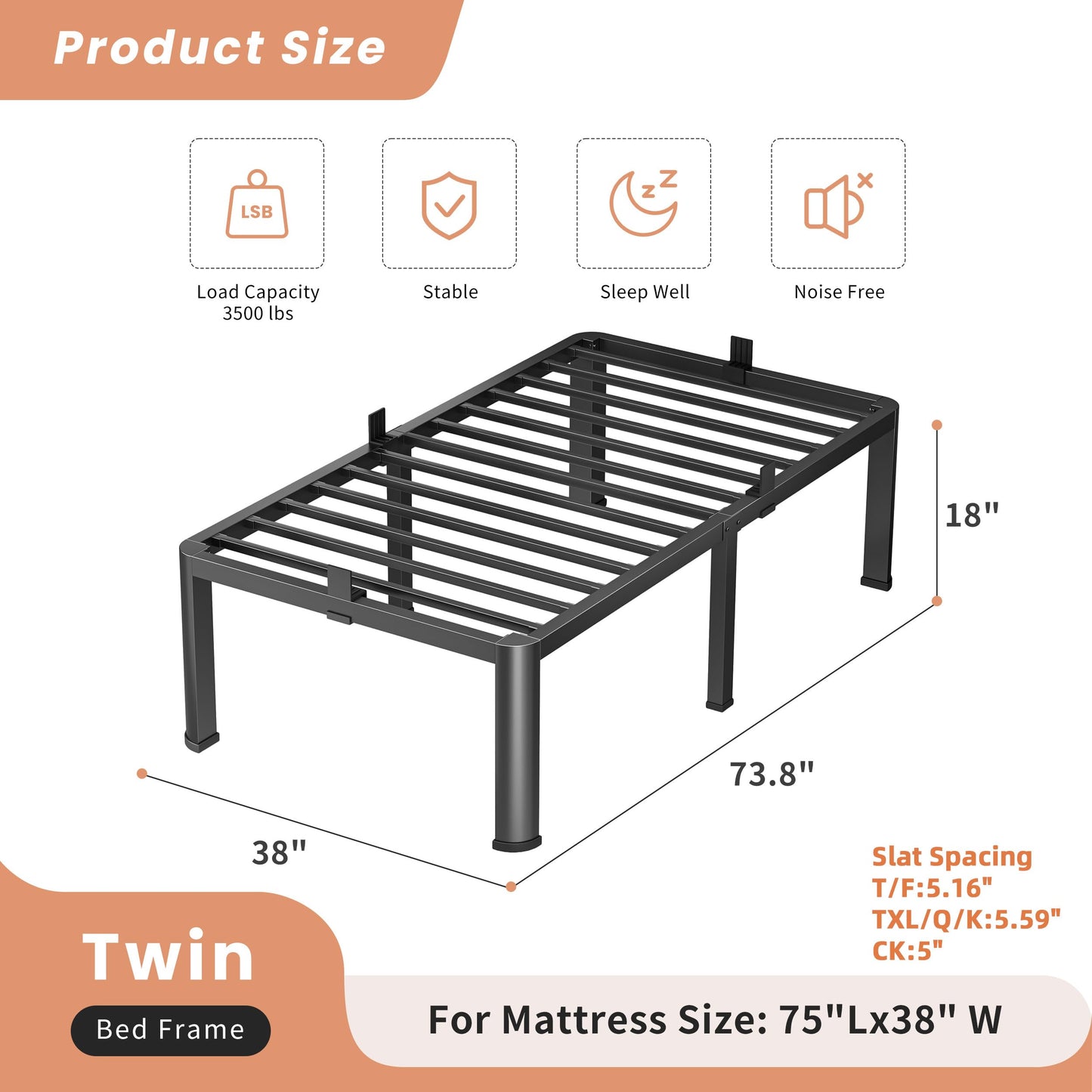 VIPSHOW 18 Inch Twin Heavy Duty 3500 lbs Bed Frame with Round-Corner Legs & Anti-Squeak Design – Quick Assembly Metal Platform, No Box Spring Needed