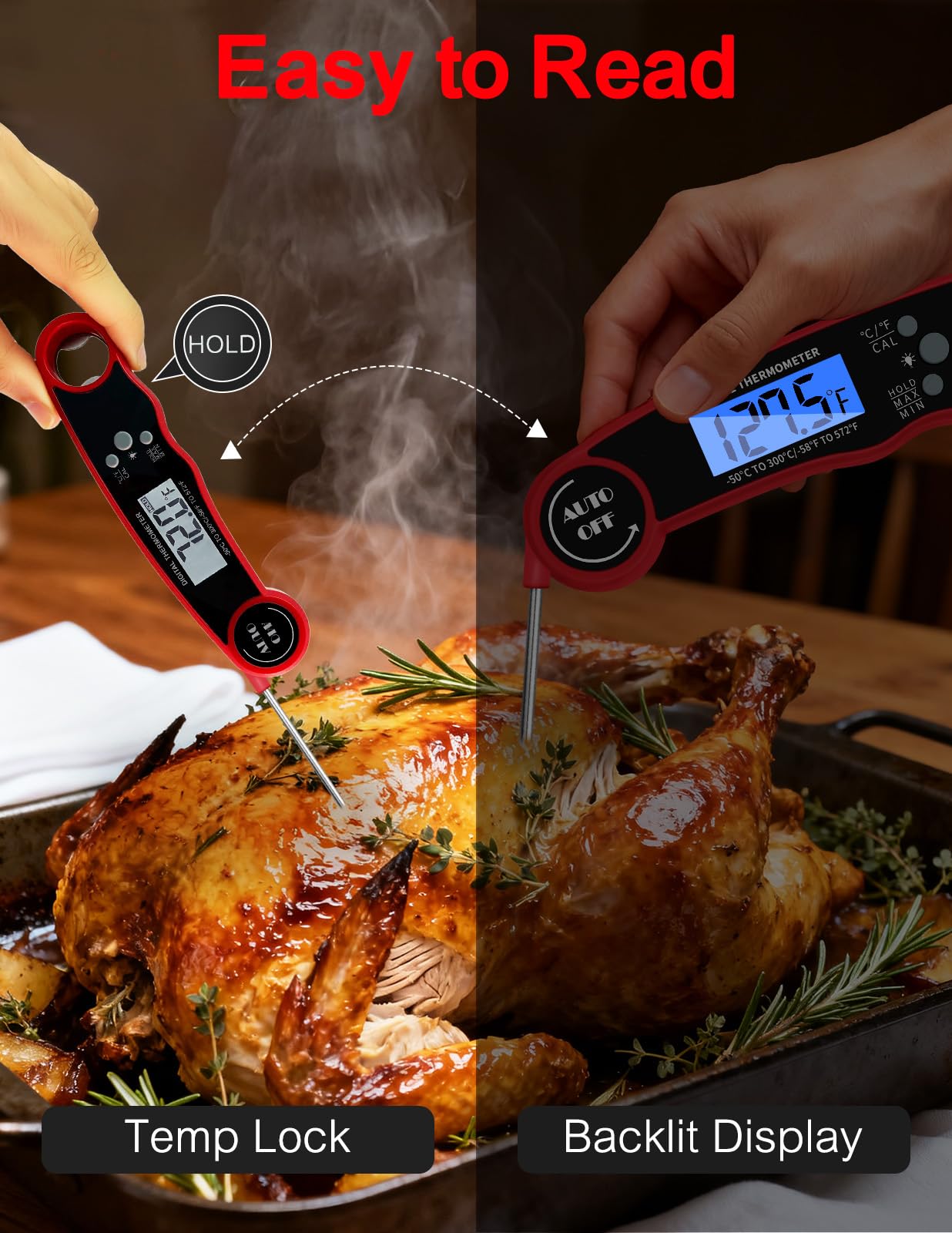 Olwaiy Meat Thermometer Digital, Instant Read Food Thermometer for Cooking Grill BBQ Fryer, Waterproof & Backlit Display Digital Meat Thermometer - Kitchen Gadgets, Turkey Thermometer