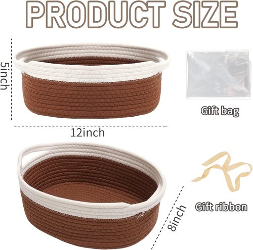 JMvicyroam Woven Storage Baskets - Small Rope Organizer Bins with Handles | White & Brown, 3-Pack