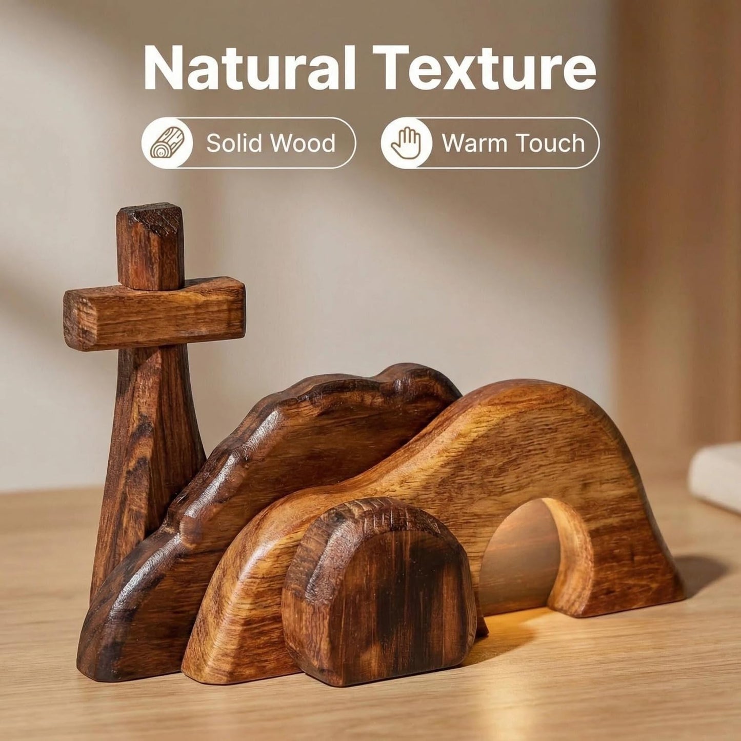 Wooden Easter Tomb Scene with Cross - Empty Tomb Decor for Home Office Desktop, Religious Resurrection Cross Jesus Nativity Set, Christian Easter Decoration He is Risen Gift (Style A)