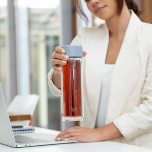 EVER VESSEL Glass Multi Tea Infuser Bottle 14oz - Double Wall Borosilicate Glass Flask | No Plastic Touches Contents | Perfect for Office or Home - Purple