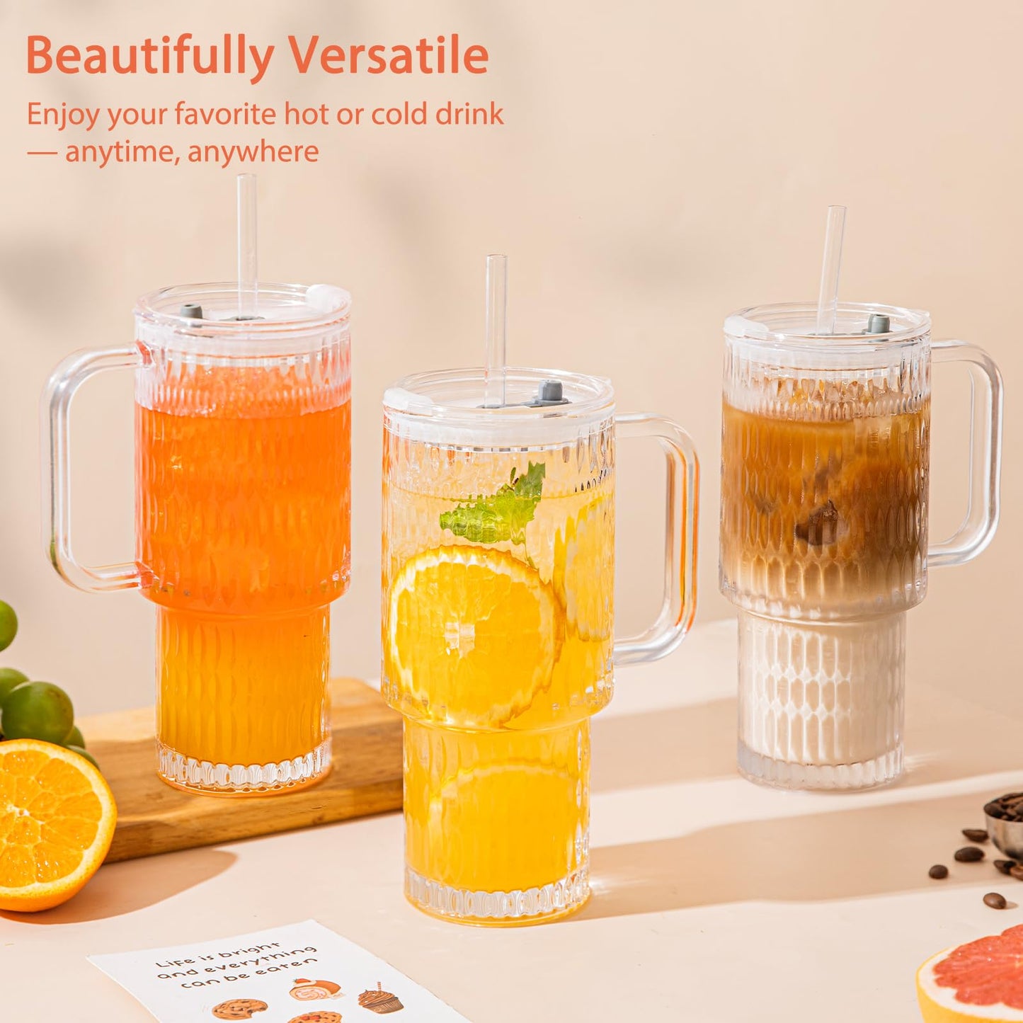 SoulTimes 26oz Raindrop Glass Tumbler with Handle - Set of 2, Reusable Iced Coffee Cup, Glass Cup with Lid and Straw for Smoothies, Juice, Coffee, Tea, Milk & More