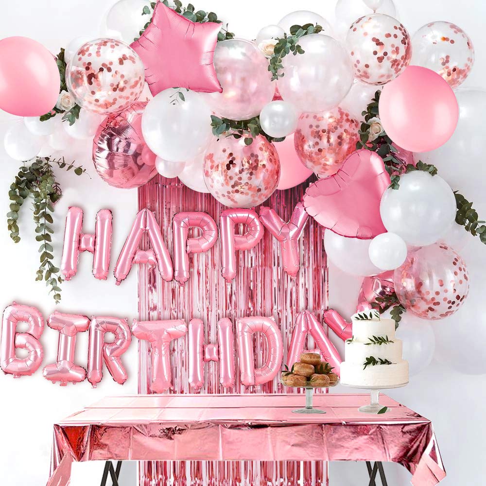 MOVINPE Pink Birthday Party Decoration, Happy Birthday Banner, Rose Gold Fringe Curtain, Foil Tablecloth, Heart Star Foil Confetti Balloons, 10g Table Confetti for Women Girl Birthday Party