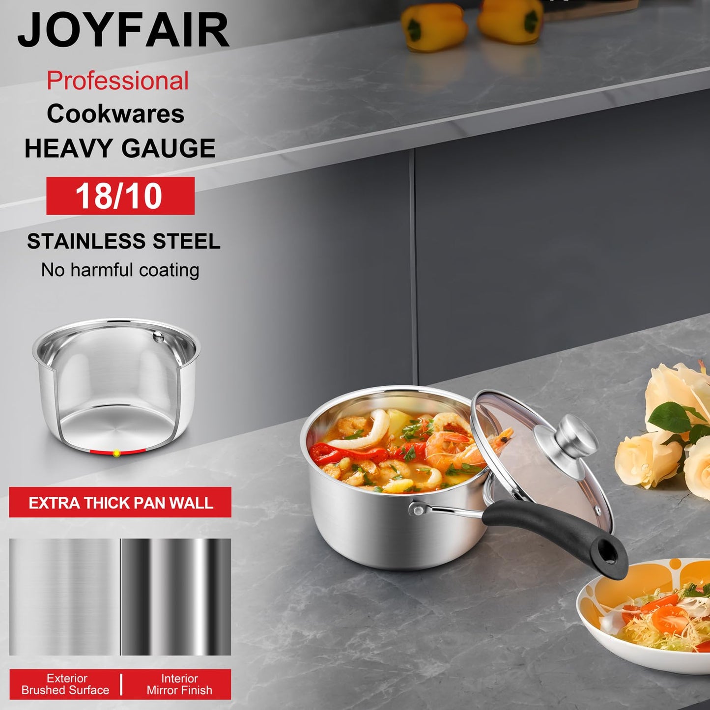 1 Quarts 18/10 Stainless Steel Saucepan, Joyfair Small Sauce Pan Milk Pot with Glass Lid for Cooking Stewing Boiling Spaghetti Soup, Extra Pan Wall & Heat-proof Bakelite Handle, Dishwasher Safe