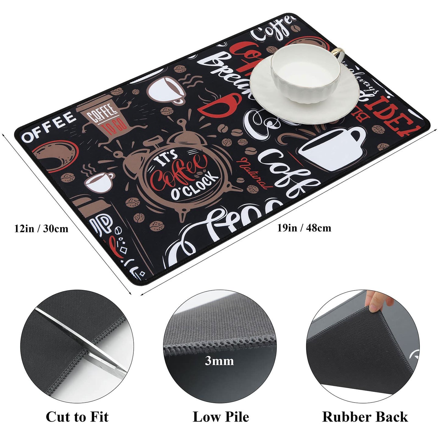 SHACOS Coffee Bar Mats 2-pack, 12x19 Inch Absorbent Non-Slip Rubber, Waterproof & Heat Resistant, Black
