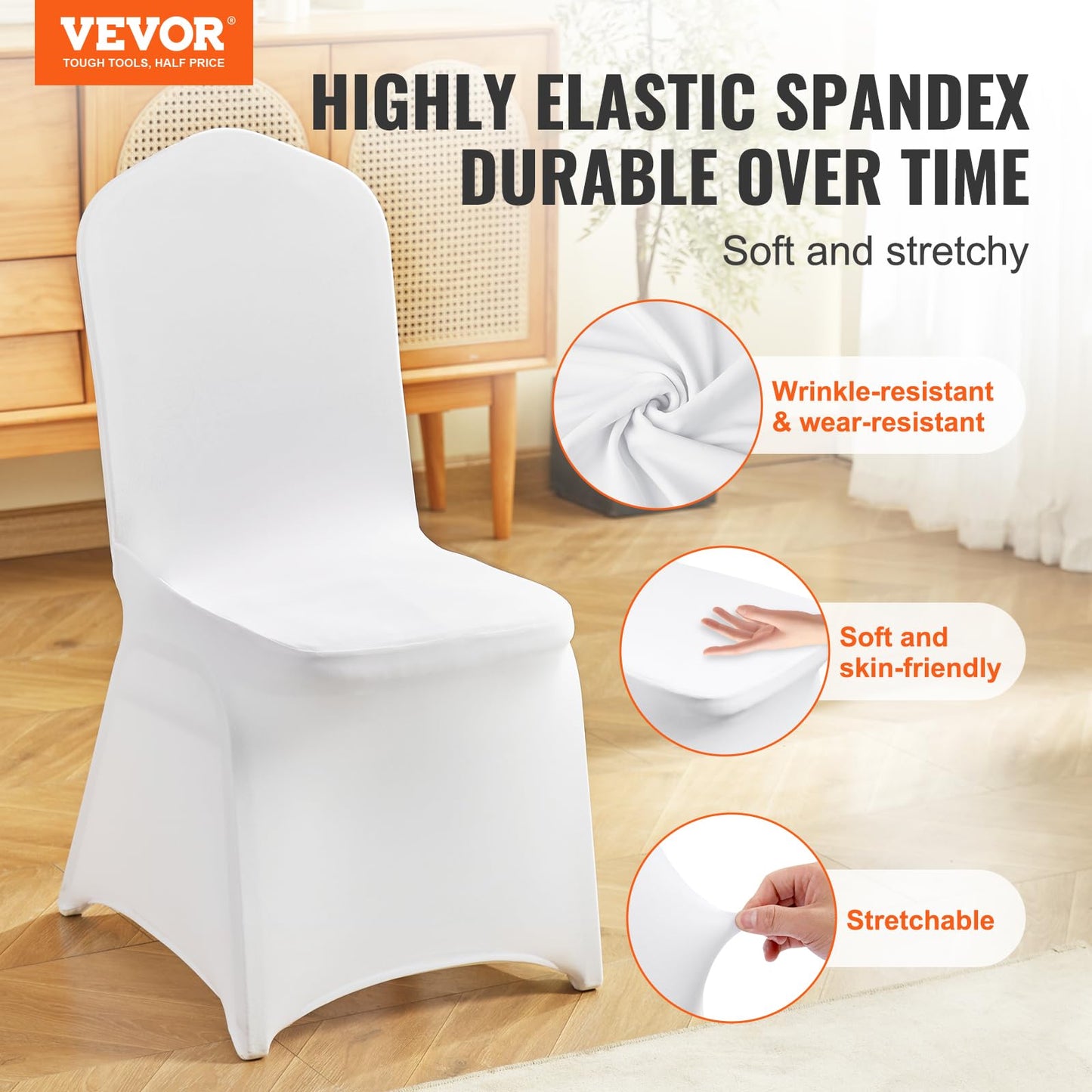 VEVOR 200 Pcs Flat-Front Chair Covers Polyester Spandex Chair Cover Stretch Slipcovers, Wedding, Holiday, Banquet, Party, Celebration, Dining, White
