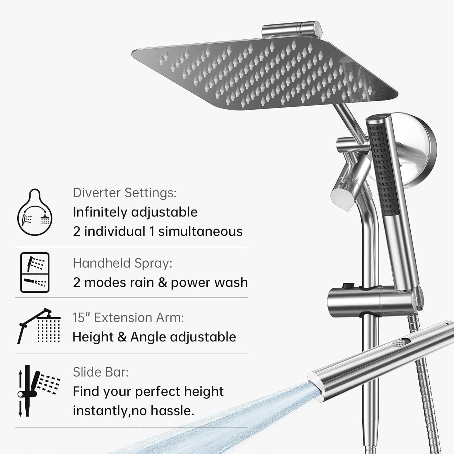 Veken 10" Luxurious Rain Shower Head - High Pressure Dual Showerhead with Handheld | Chrome Finish