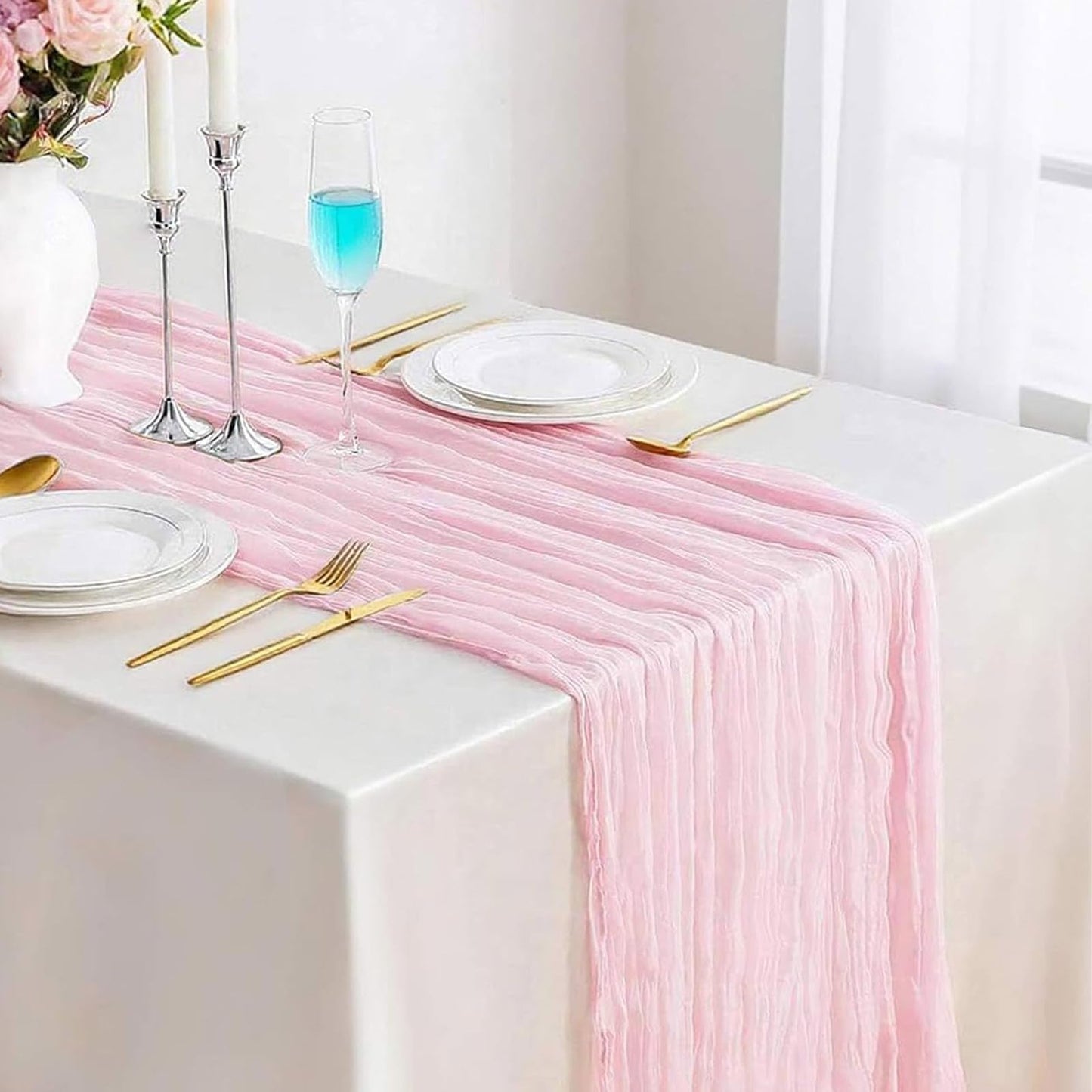 13.3FT TuTive Light Pink Cheesecloth Table Runner Boho Gauze Cheese Cloth Runner Sheer Table Runner Summer Wedding Dining Decorations for Holiday Birthday Baby Shower Event Table Decorations for Party
