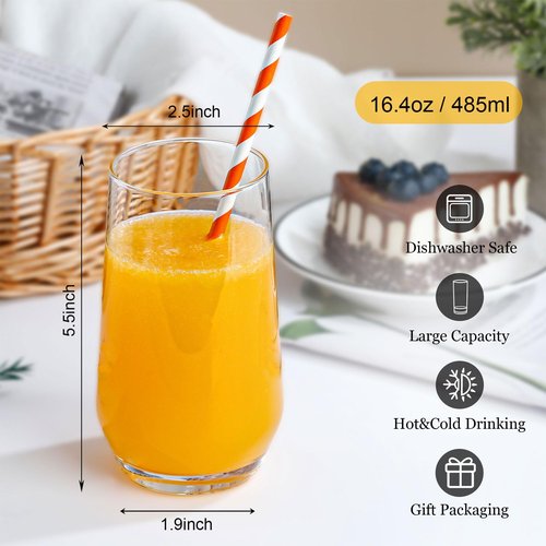 Ftystall Drinking Glasses Set of 6, 16.4oz Highball Glasses, Crystal Clear Tall Water Glasses, Glass Cups for Cocktail, Juice, Iced Tea, Mojito and Smoothies, Clear Glassware Set, Gifts