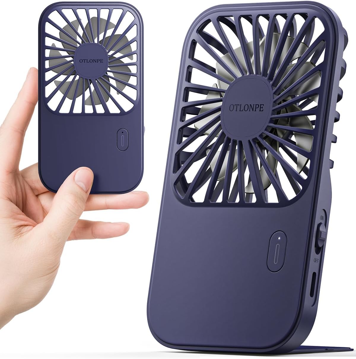 Otlonpe Rechargeable Mini Handheld Fan - Portable Battery-Powered Design | 3-Speed, Foldable Stand, Blue