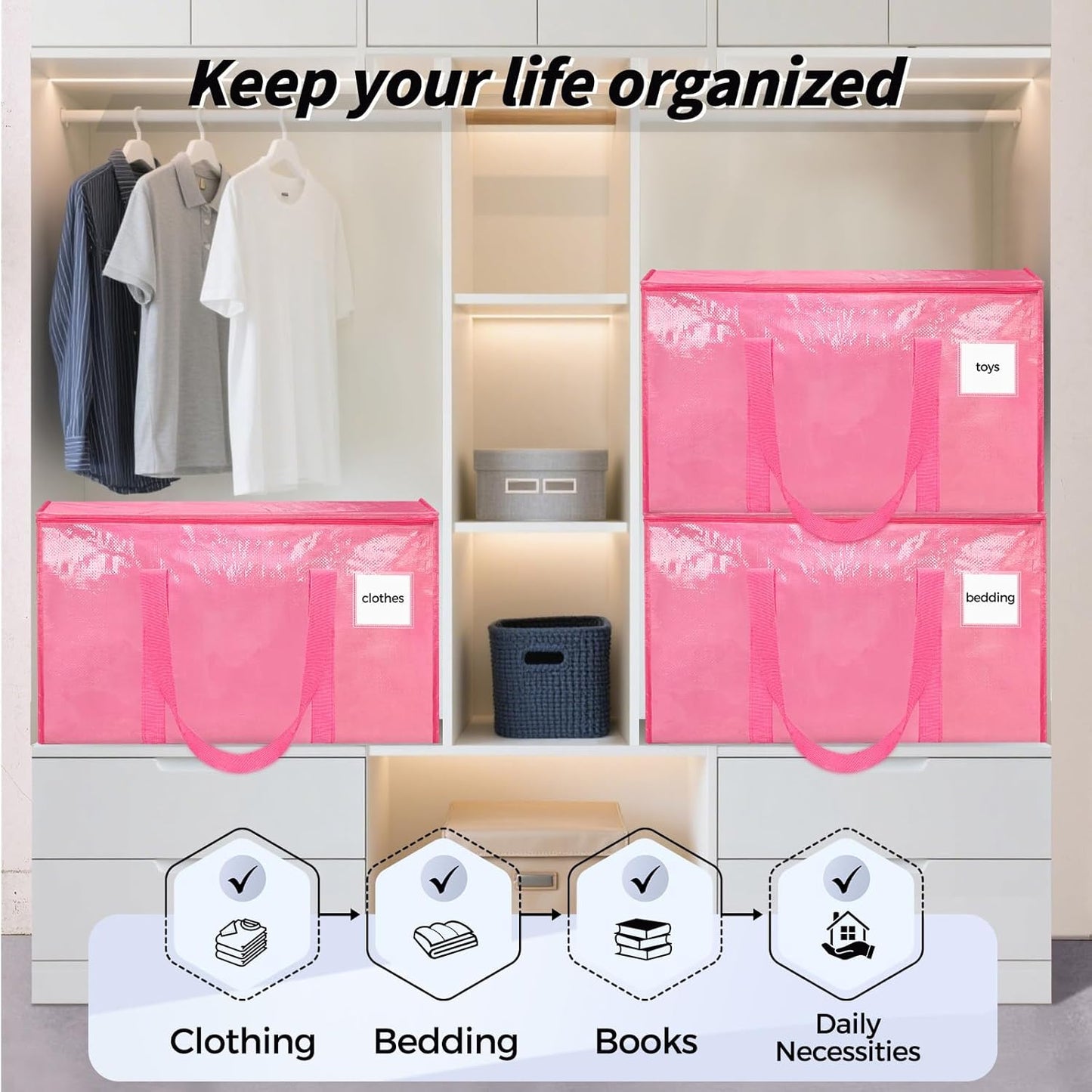 Skiennix Extra Large Heavy-Duty Moving Bags - 8 Pack Pink Storage Bins with Lids & Reinforced Handles