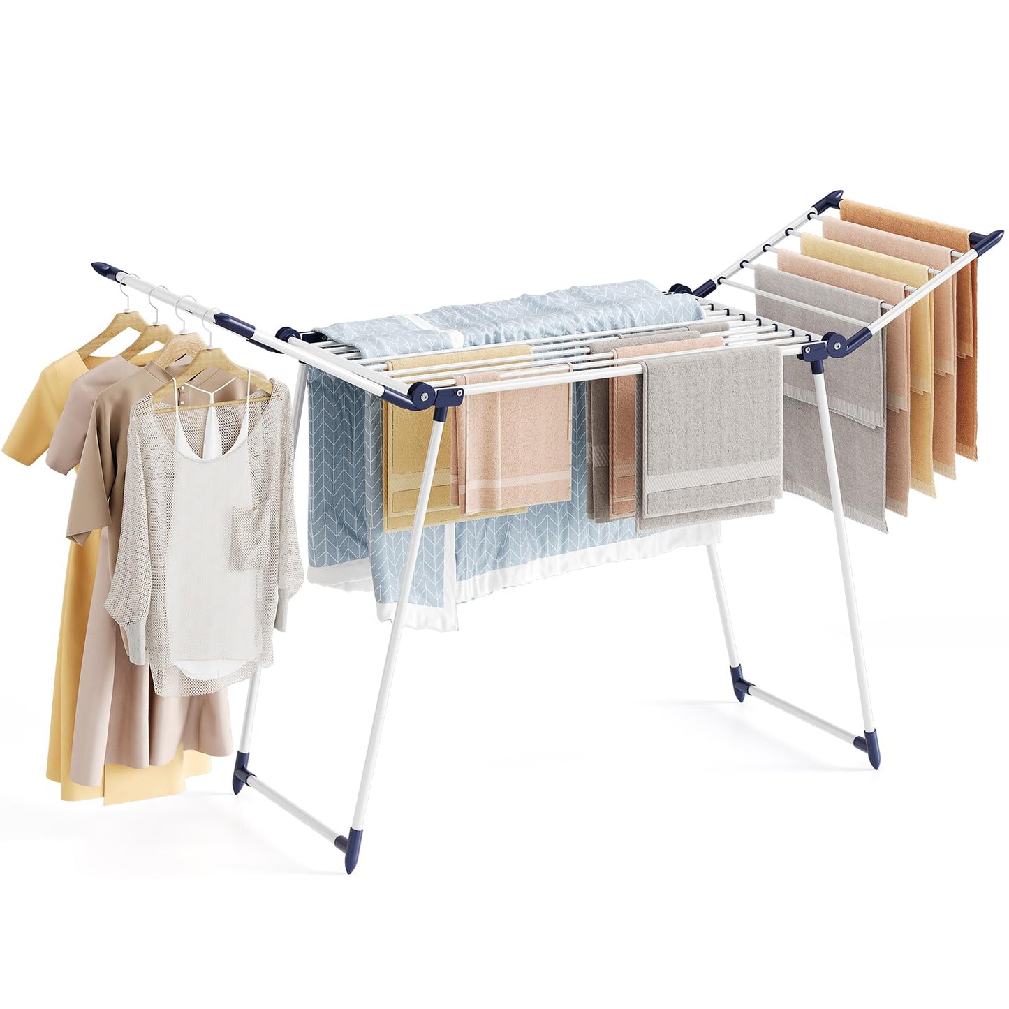 APEXCHASER Clothes Drying Rack Foldable, Large Drying Rack Clothing, Winged Laundry Rack Folding Indoor Outdoor, Metal Clothes Airer for Bedding Towel Sweater Heavy Duty, 68.9" X 22" X41.3", White