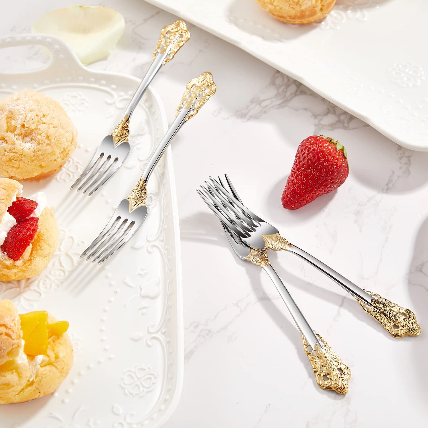 KEAWELL Luxury 5.9" Appetizer Forks, 18/10 Stainless Steel, Set of 4, Gorgeous Cocktail Forks/Dessert Forks (Gold Accent)