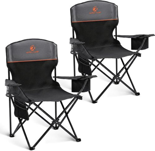 ALPHA CAMP Heavy Duty Camping Chairs - 350LBS Capacity with Cooler Bag & Cup Holder | Portable Black 2PC Set