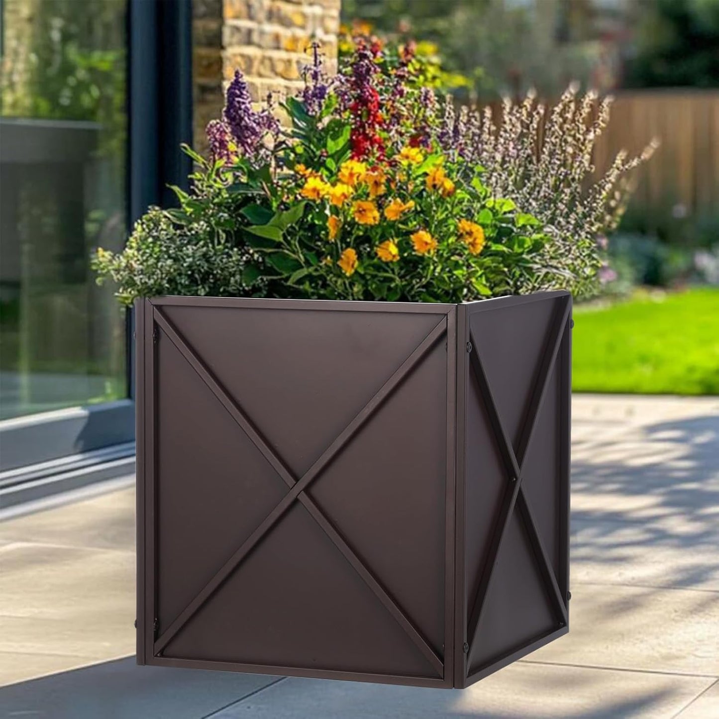 SUNNYPARK Large Metal Planter Box - 17”x 17”x 18” | Durable Brown Square Planter with Drainage Holes for Outdoor Use