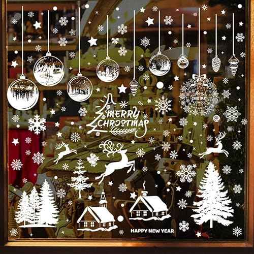 196Pcs White Christmas Tree Snowflakes Reindeer Window Decorations, 9 Sheets Removable Double-Sided Merry Christmas Window Clings Stickers Decals for Winter