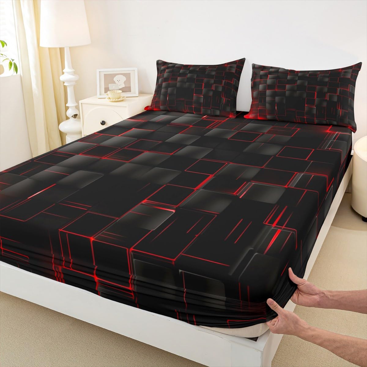 Manfei Abstract Sheet Set Full Size, Modern Geometric Square Grid Bedding Set for Kids Boy Girl Room Decor, Red and Black Bed Sheet Set 4pcs with Deep Pocket Fitted Sheet + Flat Sheet + 2 Pillowcases